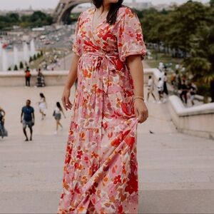 Mister Zimi Floral Pink & Orange Maxi Wrap Dress with Puff Sleeves size 12 Women